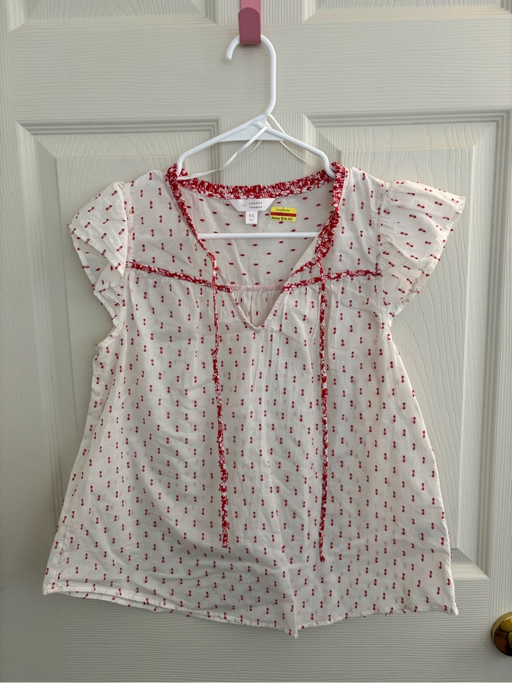 LC Lauren Conrad White Top with Red Print and Tie Front